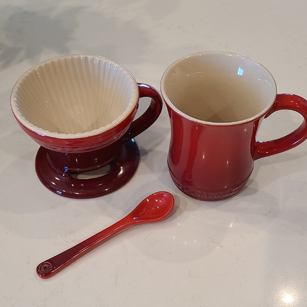 Le Creuset Red Cerise Ceramic Coffee Set With Spoon